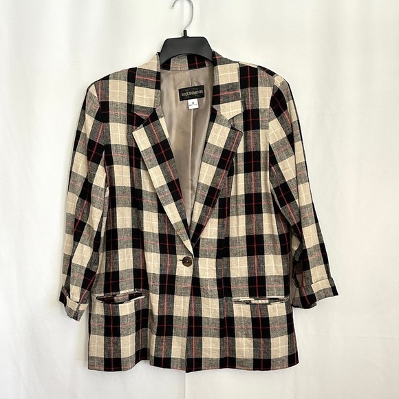 90s Vintage Requirements Linen Khaki Black Beige Red Checked Blazer Jacket Sz 10 - Picture 2 of 14